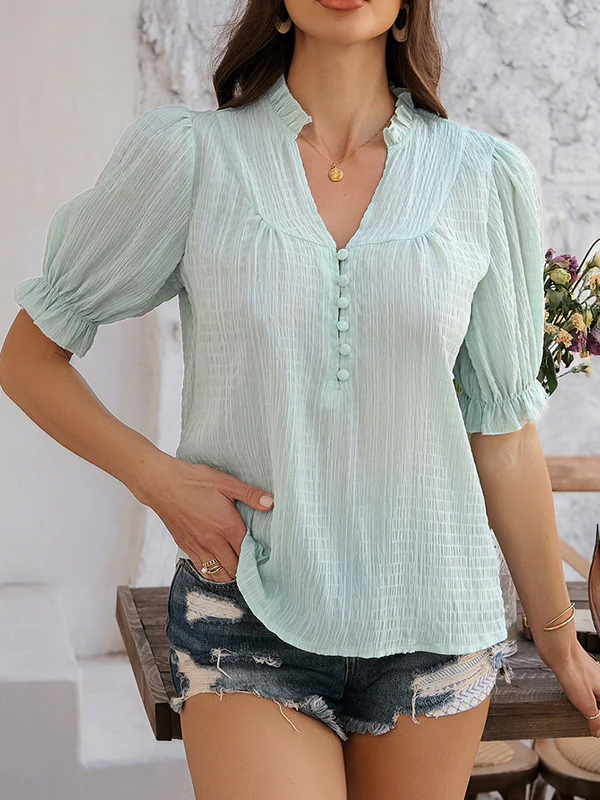 Flared Sleeves Half Sleeves Buttoned Ruffle Trim Solid Color V-Neck Blouses&Shirts Tops - Image 16