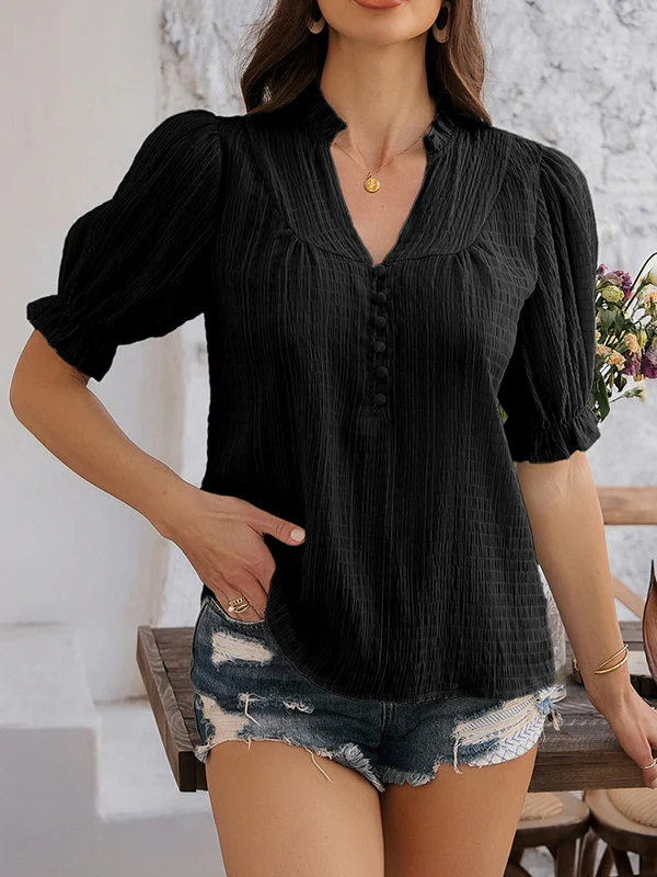 Flared Sleeves Half Sleeves Buttoned Ruffle Trim Solid Color V-Neck Blouses&Shirts Tops - Image 6