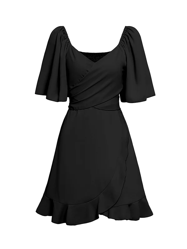 Flared Sleeves Half Sleeves Elasticity Ruffled Solid Color Split-Joint Tied Waist V-Neck Mini Dresses - Image 10
