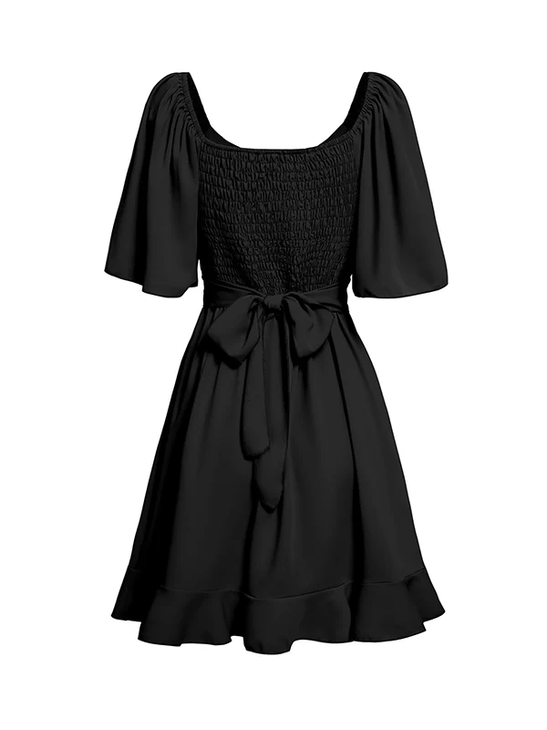 Flared Sleeves Half Sleeves Elasticity Ruffled Solid Color Split-Joint Tied Waist V-Neck Mini Dresses - Image 11