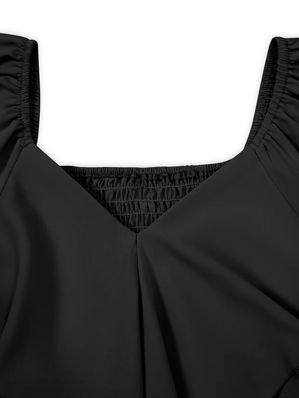 Flared Sleeves Half Sleeves Elasticity Ruffled Solid Color Split-Joint Tied Waist V-Neck Mini Dresses - Image 13