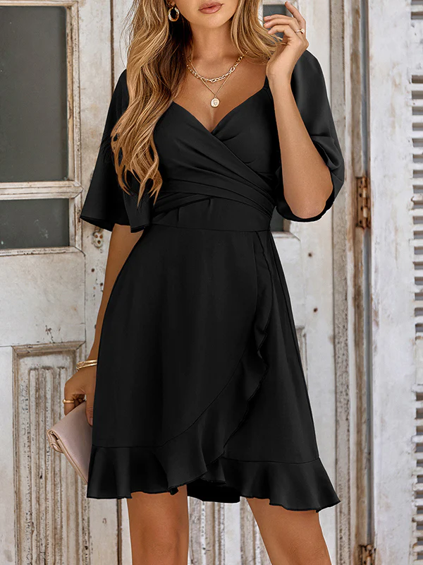 Flared Sleeves Half Sleeves Elasticity Ruffled Solid Color Split-Joint Tied Waist V-Neck Mini Dresses - Image 8
