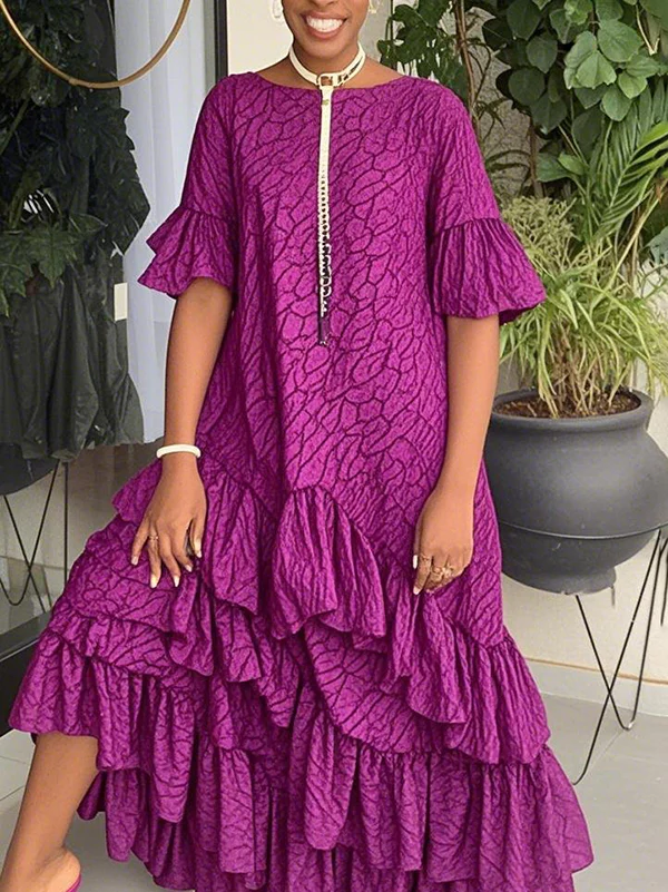 Flared Sleeves Half Sleeves Asymmetric Layered Pleated Printed Ruffle Trim Round-Neck Maxi Dresses - Image 2