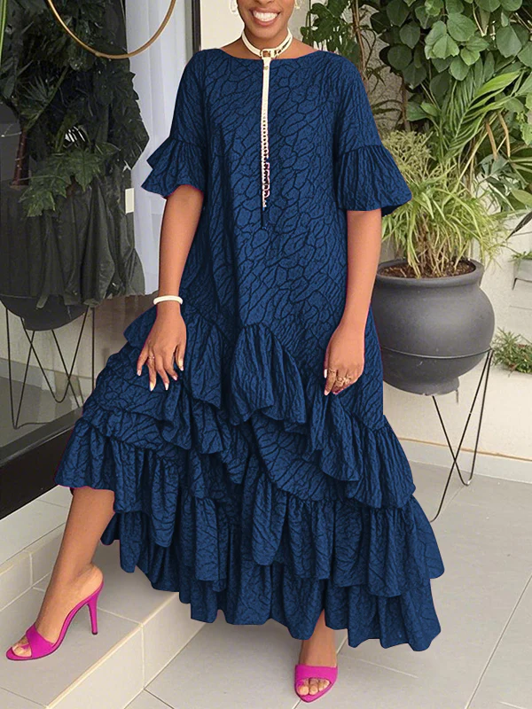 Flared Sleeves Half Sleeves Asymmetric Layered Pleated Printed Ruffle Trim Round-Neck Maxi Dresses - Image 3