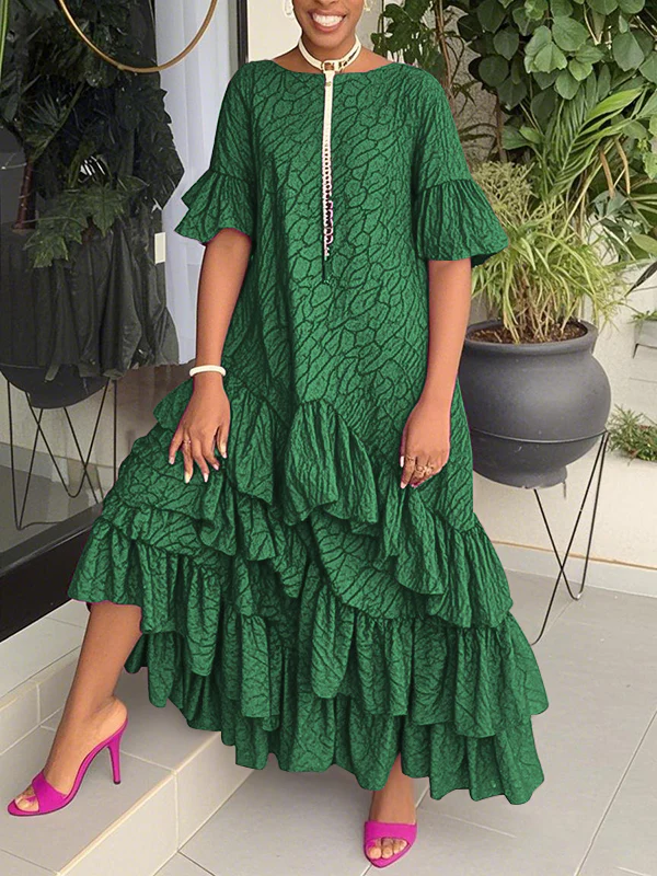 Flared Sleeves Half Sleeves Asymmetric Layered Pleated Printed Ruffle Trim Round-Neck Maxi Dresses - Image 4