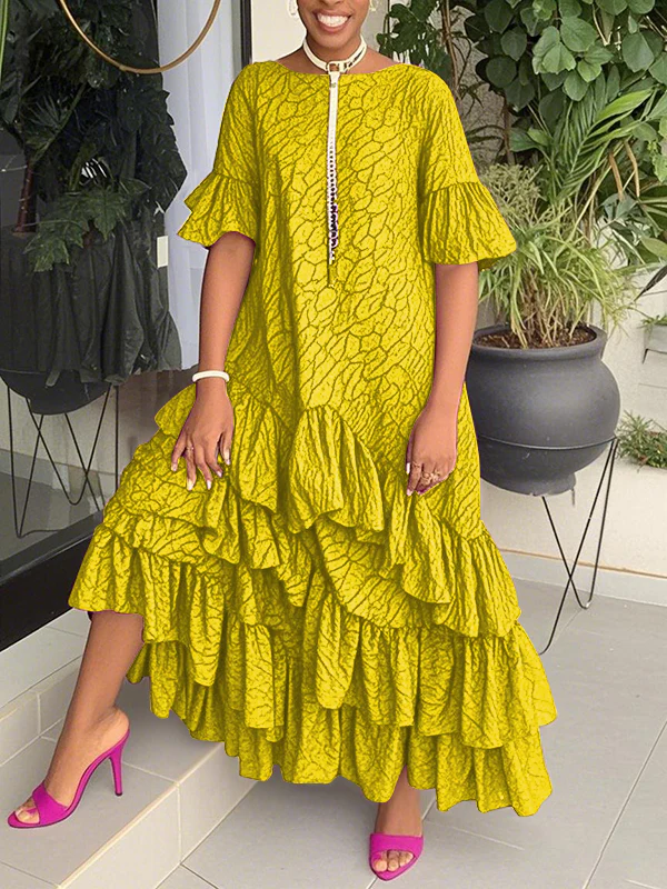 Flared Sleeves Half Sleeves Asymmetric Layered Pleated Printed Ruffle Trim Round-Neck Maxi Dresses - Image 5