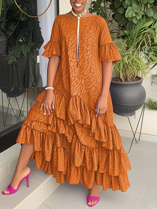 Flared Sleeves Half Sleeves Asymmetric Layered Pleated Printed Ruffle Trim Round-Neck Maxi Dresses - Image 6