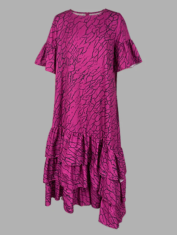 Flared Sleeves Half Sleeves Asymmetric Layered Pleated Printed Ruffle Trim Round-Neck Maxi Dresses - Image 7