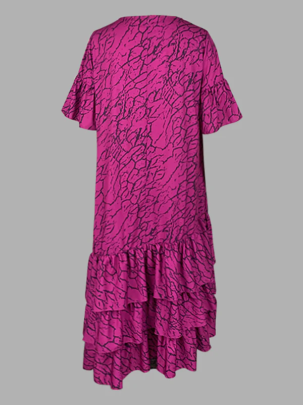 Flared Sleeves Half Sleeves Asymmetric Layered Pleated Printed Ruffle Trim Round-Neck Maxi Dresses - Image 8