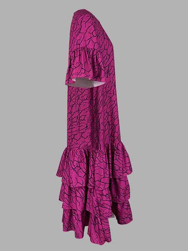 Flared Sleeves Half Sleeves Asymmetric Layered Pleated Printed Ruffle Trim Round-Neck Maxi Dresses - Image 9