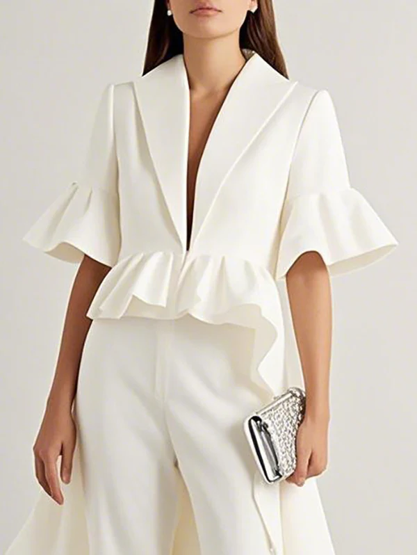 Flared Sleeves Half Sleeves Ruffle Trim Solid Color Deep V-Neck Blouses&Shirts Tops Outerwear - Image 2