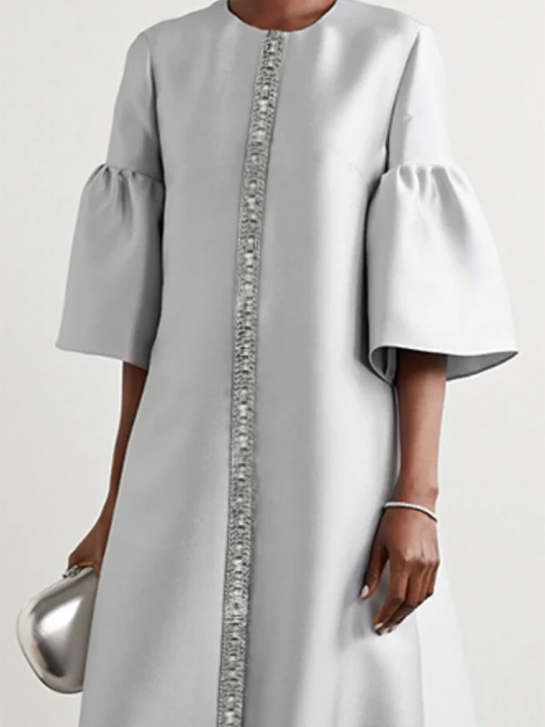 Flared Sleeves Half Sleeves Shiny Solid Color Round-Neck Midi Dresses - Image 2