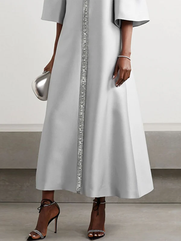 Flared Sleeves Half Sleeves Shiny Solid Color Round-Neck Midi Dresses - Image 3