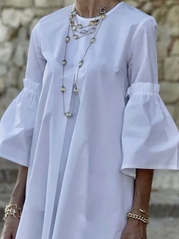 Flared Sleeves Half Sleeves Solid Color Round-Neck Mini Dresses - Image 2