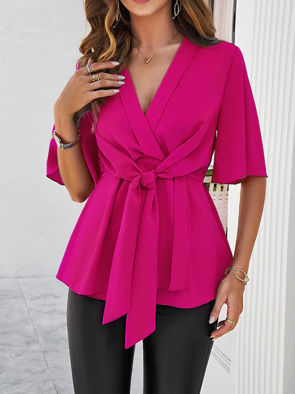 Flared Sleeves Half Sleeves Solid Color Tied V-Neck Blouses&Shirts Tops - Image 10