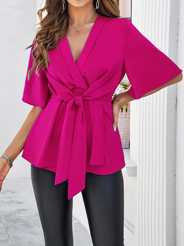 Flared Sleeves Half Sleeves Solid Color Tied V-Neck Blouses&Shirts Tops - Image 11