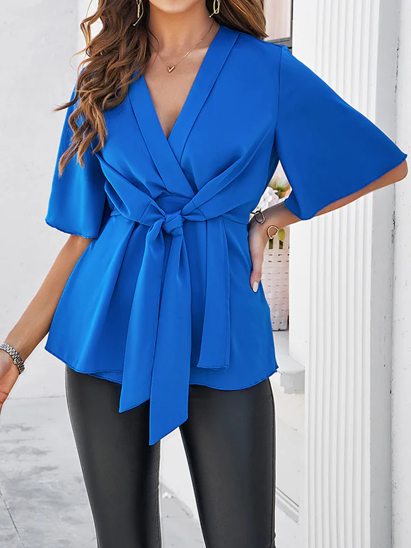 Flared Sleeves Half Sleeves Solid Color Tied V-Neck Blouses&Shirts Tops - Image 12