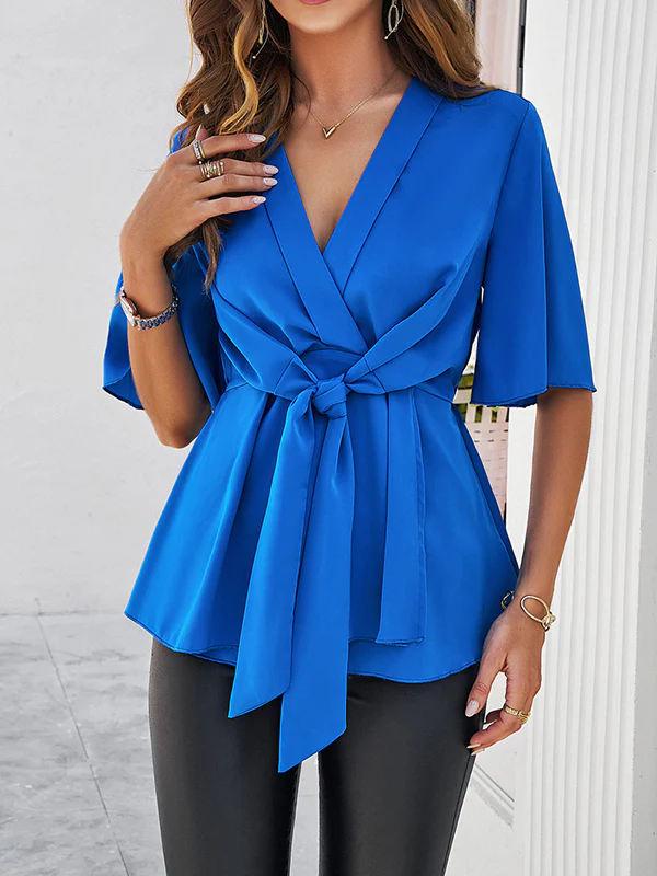 Flared Sleeves Half Sleeves Solid Color Tied V-Neck Blouses&Shirts Tops - Image 13