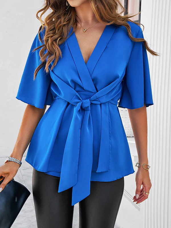 Flared Sleeves Half Sleeves Solid Color Tied V-Neck Blouses&Shirts Tops - Image 2