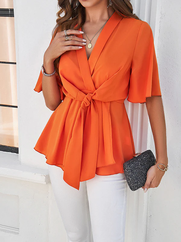Flared Sleeves Half Sleeves Solid Color Tied V-Neck Blouses&Shirts Tops - Image 4