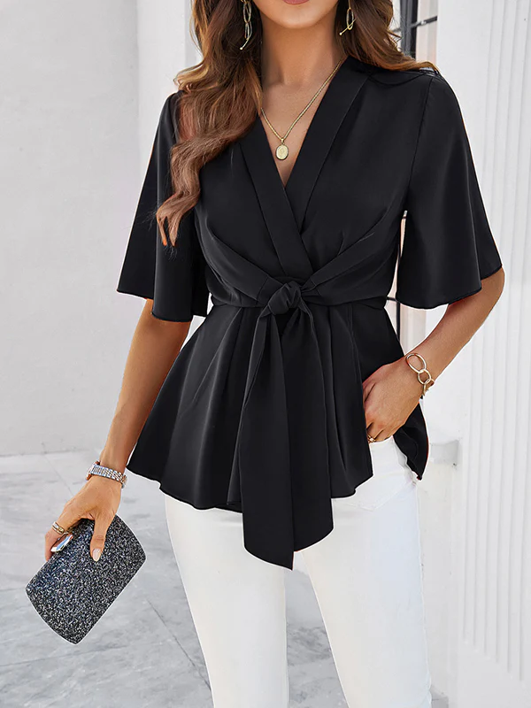Flared Sleeves Half Sleeves Solid Color Tied V-Neck Blouses&Shirts Tops - Image 7