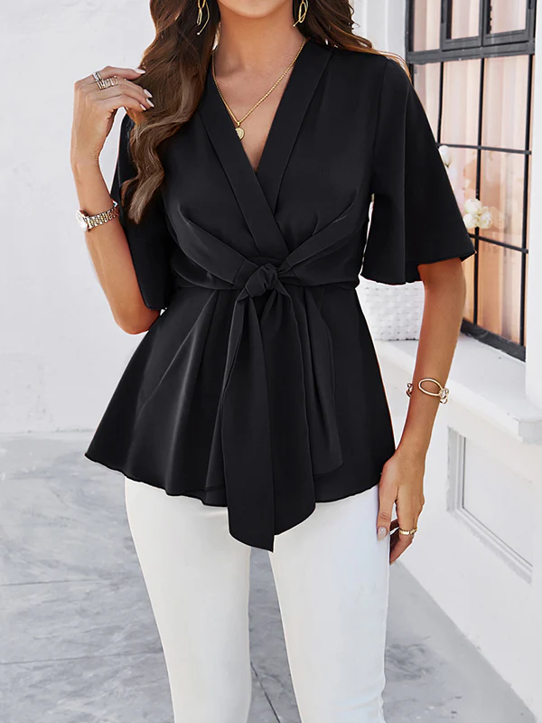 Flared Sleeves Half Sleeves Solid Color Tied V-Neck Blouses&Shirts Tops - Image 8