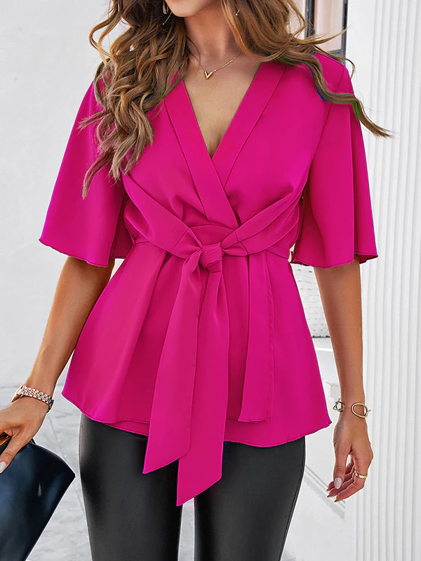 Flared Sleeves Half Sleeves Solid Color Tied V-Neck Blouses&Shirts Tops - Image 9