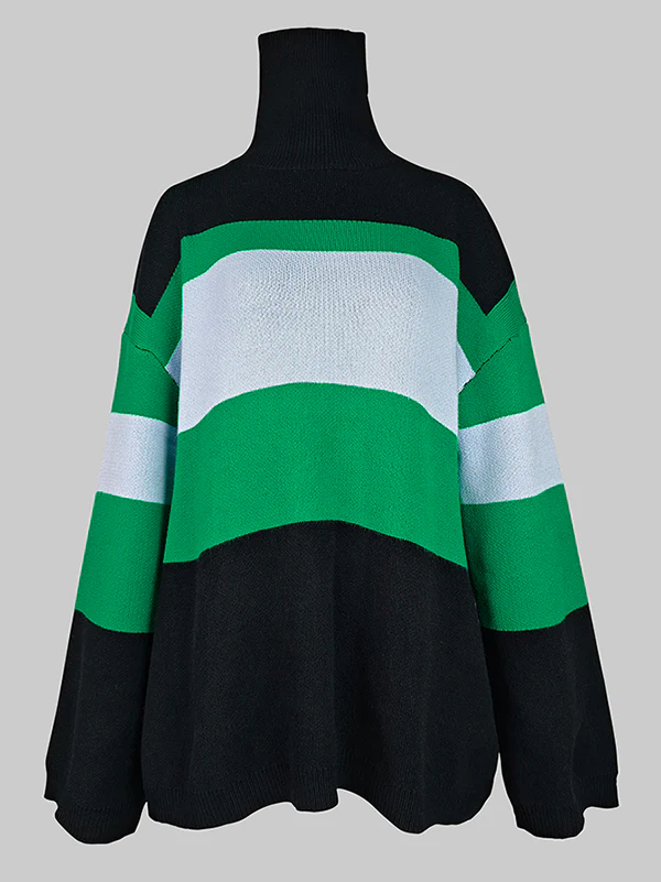 Flared Sleeves High-Low Contrast Color Split-Joint High Neck Pullovers Sweater Tops - Image 10
