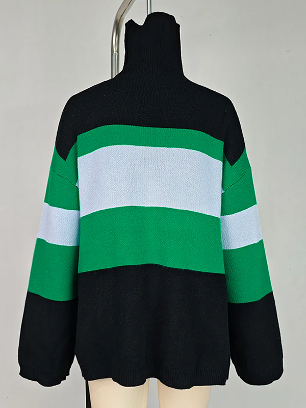Flared Sleeves High-Low Contrast Color Split-Joint High Neck Pullovers Sweater Tops - Image 3