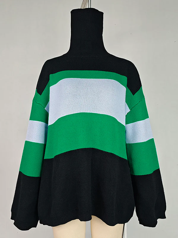 Flared Sleeves High-Low Contrast Color Split-Joint High Neck Pullovers Sweater Tops - Image 4