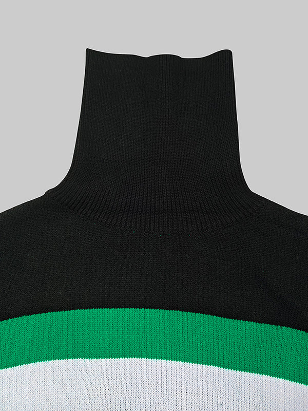 Flared Sleeves High-Low Contrast Color Split-Joint High Neck Pullovers Sweater Tops - Image 6