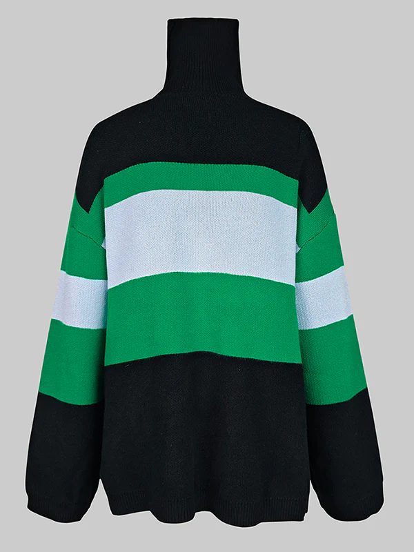 Flared Sleeves High-Low Contrast Color Split-Joint High Neck Pullovers Sweater Tops - Image 9