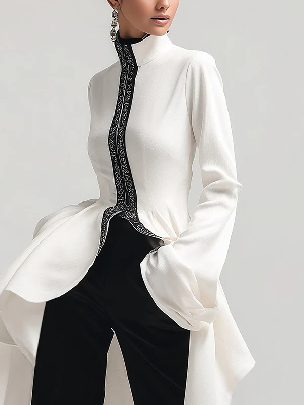Flared Sleeves High-Low Falbala Stand Collar Blouses&Shirts Tops - Image 2