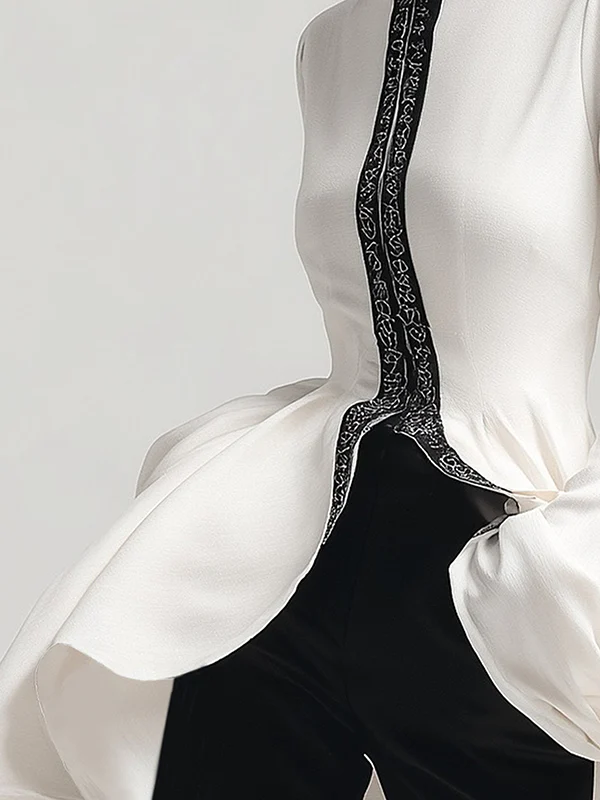 Flared Sleeves High-Low Falbala Stand Collar Blouses&Shirts Tops - Image 3