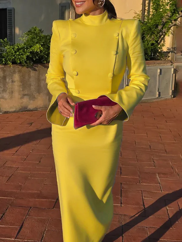 Flared Sleeves High Waisted Buttoned Solid Color Mock Neck Midi Dresses - Image 2