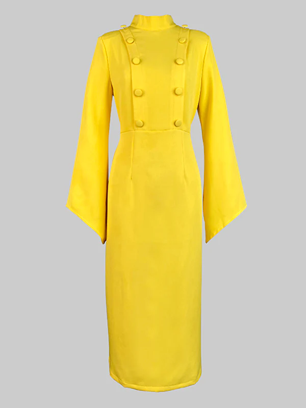 Flared Sleeves High Waisted Buttoned Solid Color Mock Neck Midi Dresses - Image 4