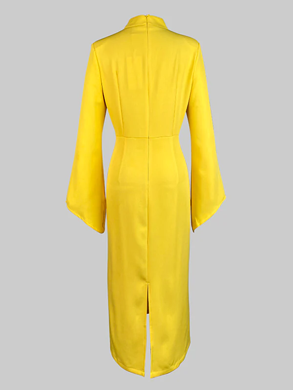 Flared Sleeves High Waisted Buttoned Solid Color Mock Neck Midi Dresses - Image 5