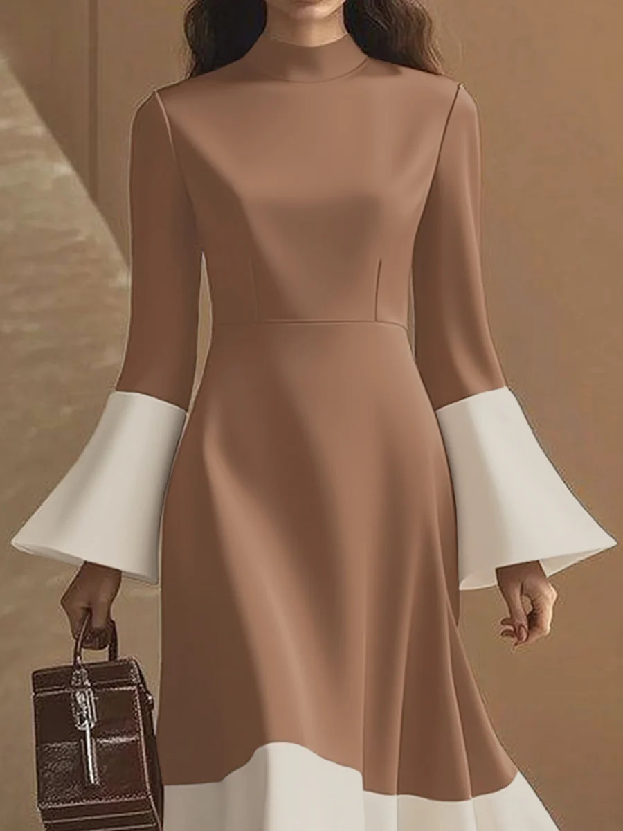 Flared Sleeves High Waisted Contrast Color Pleated Split-Joint Mock Neck Maxi Dresses - Image 2