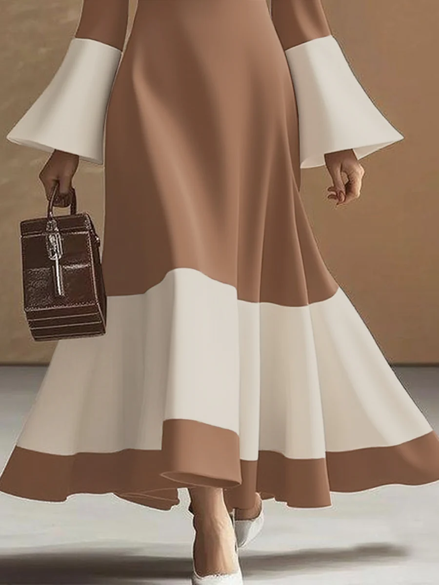 Flared Sleeves High Waisted Contrast Color Pleated Split-Joint Mock Neck Maxi Dresses - Image 3