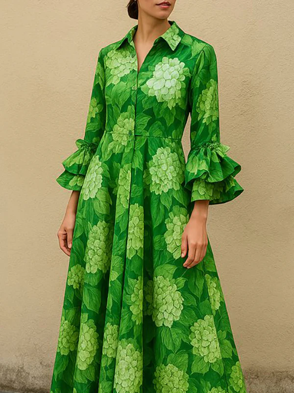 Flared Sleeves High Waisted Flower Print Pleated Lapel Maxi Dresses - Image 2