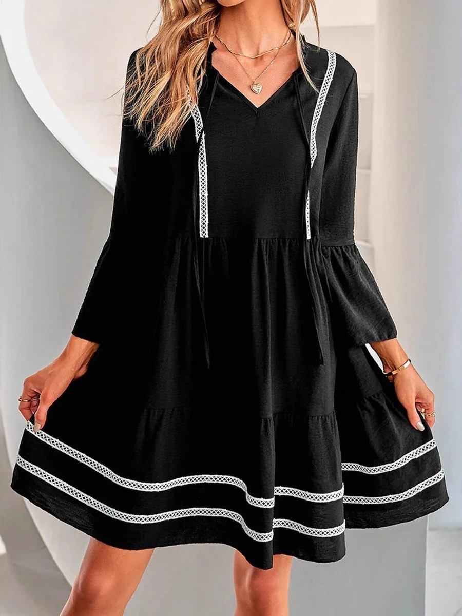 Flared Sleeves High Waisted Pleated Split-Joint V-Neck Mini Dresses - Image 2