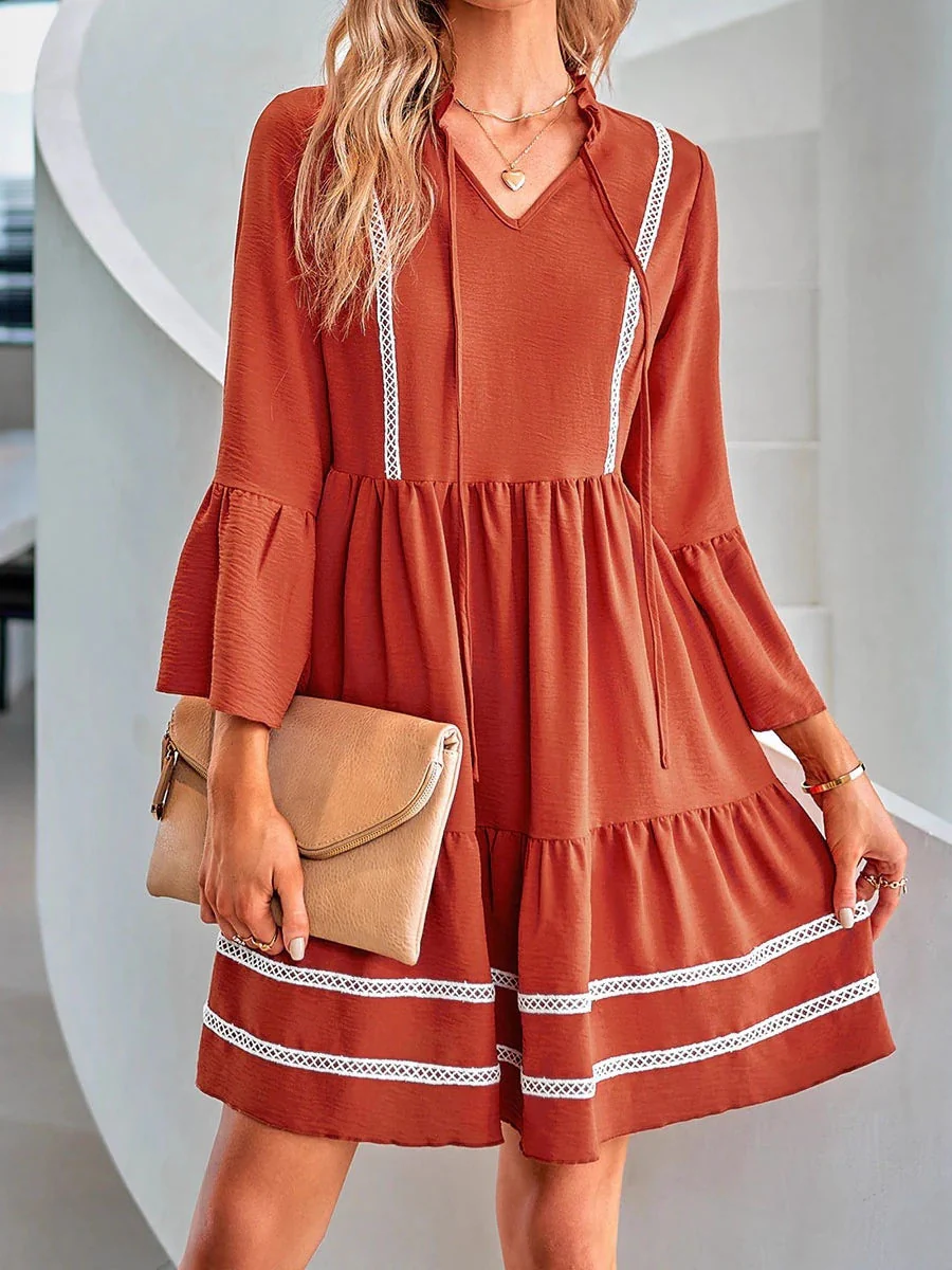 Flared Sleeves High Waisted Pleated Split-Joint V-Neck Mini Dresses - Image 3
