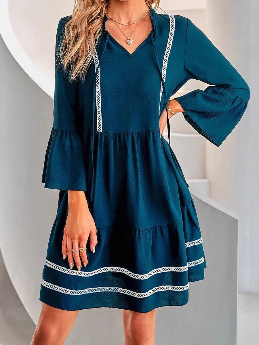Flared Sleeves High Waisted Pleated Split-Joint V-Neck Mini Dresses - Image 4