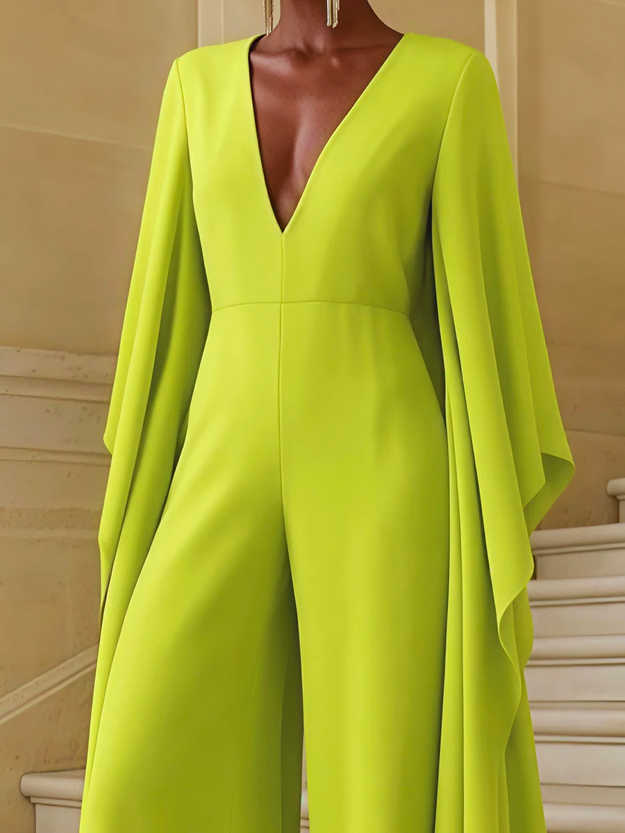 Flared Sleeves High Waisted Pockets Solid Color Deep V-Neck Jumpsuits - Image 2