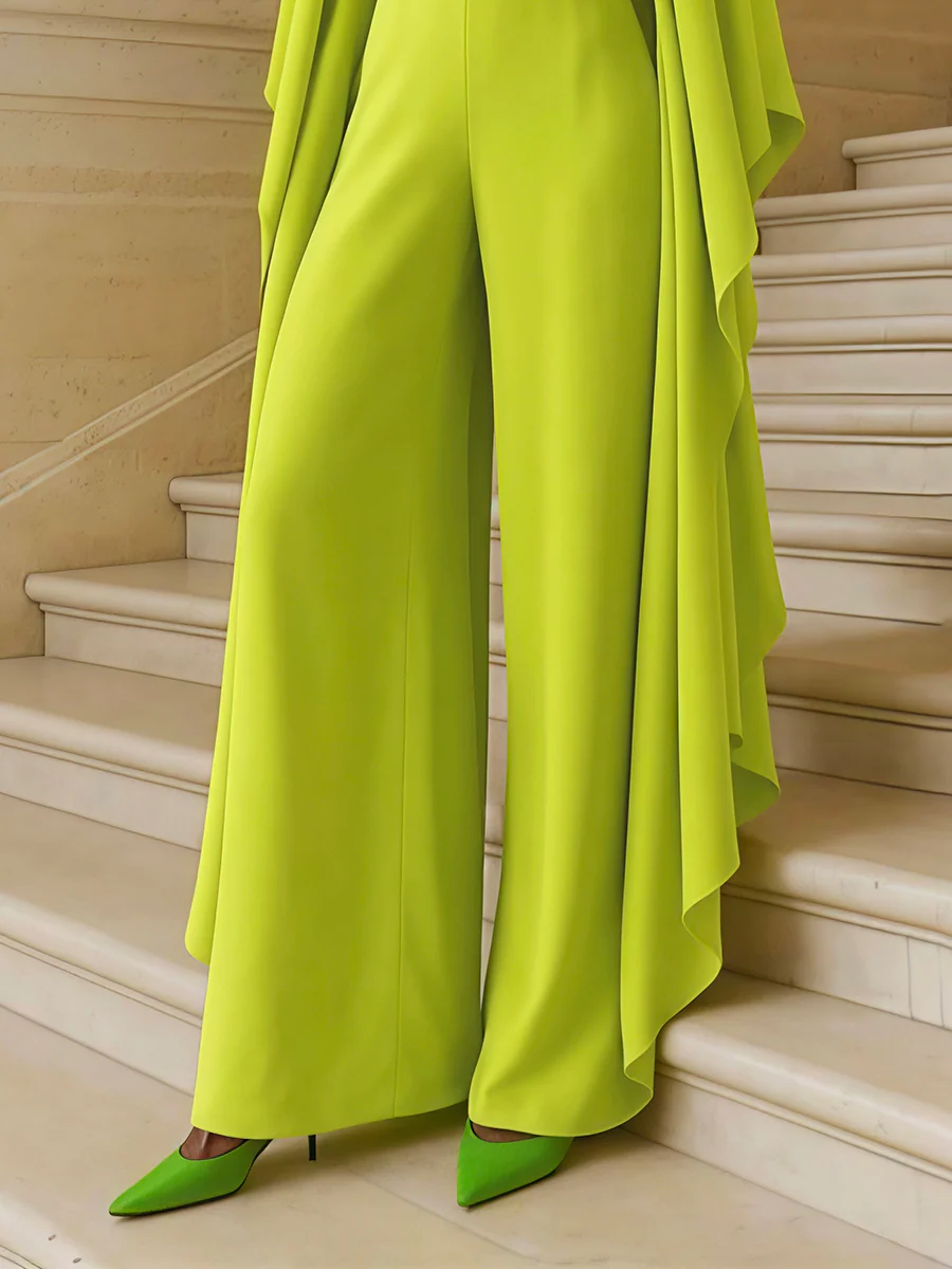 Flared Sleeves High Waisted Pockets Solid Color Deep V-Neck Jumpsuits - Image 3
