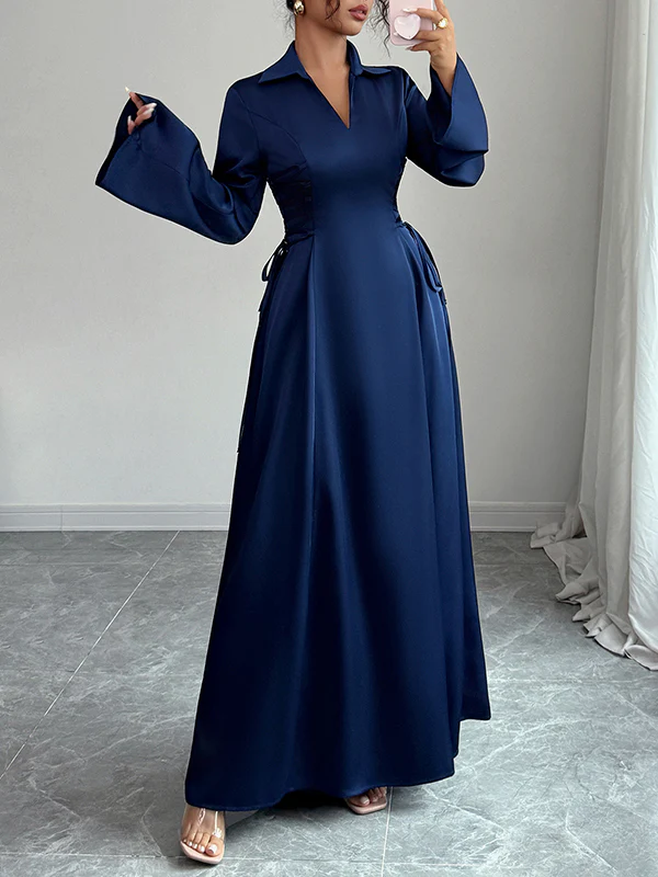 Flared Sleeves High Waisted Solid Color Tied Lapel Maxi Dresses - Image 2