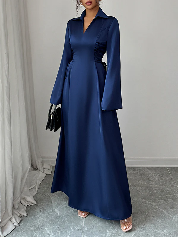 Flared Sleeves High Waisted Solid Color Tied Lapel Maxi Dresses - Image 3