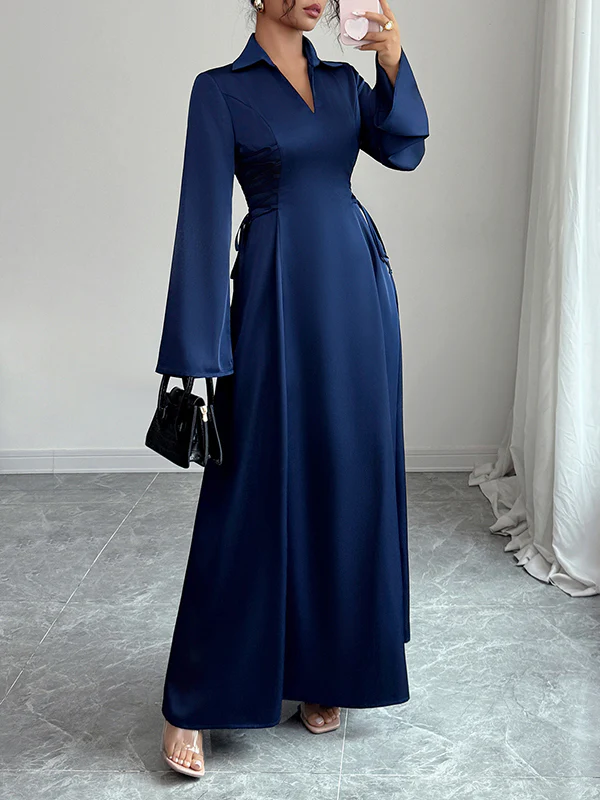 Flared Sleeves High Waisted Solid Color Tied Lapel Maxi Dresses - Image 4