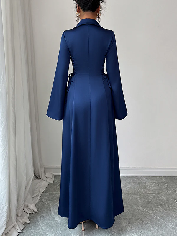 Flared Sleeves High Waisted Solid Color Tied Lapel Maxi Dresses - Image 5