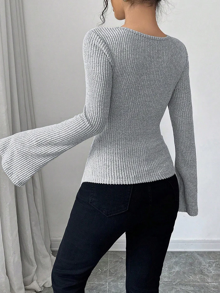 Flared Sleeves Irregularity Pleated Ribbed Knit Solid Color Heaps Collar T-Shirts Tops - Image 10